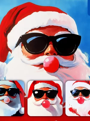 Midjourney Prompt Santa Claus Father Christmas Bubble Gum Ball Sunglasses Cartoon Face Watercolor Painting