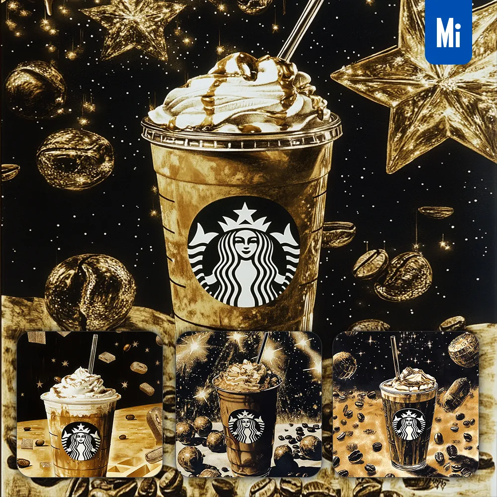Midjourney Prompt Starbucks Caramel Coffee Bean Starry Light Cream Illustration Drawing