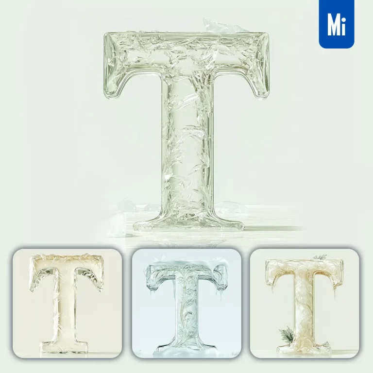midjourney prompt T letter ice glass transparent 3D