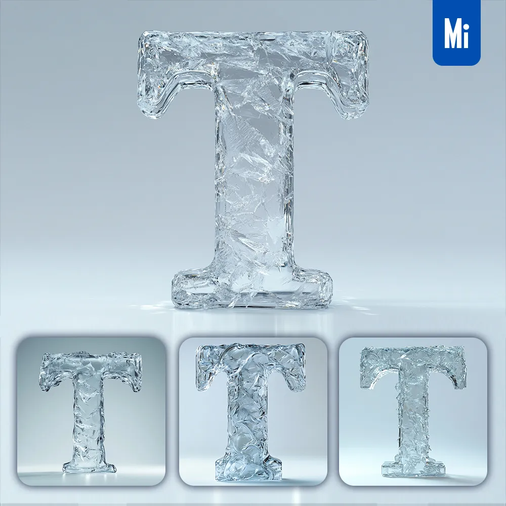 midjourney prompt T letter ice transparent 3D frozen