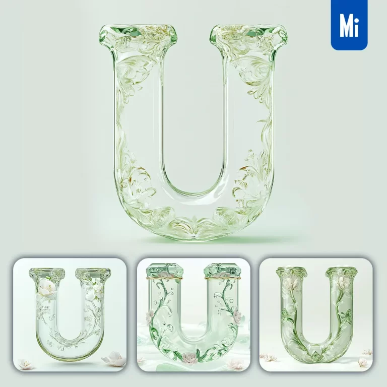midjourney prompt U letter ice glass transparent 3D