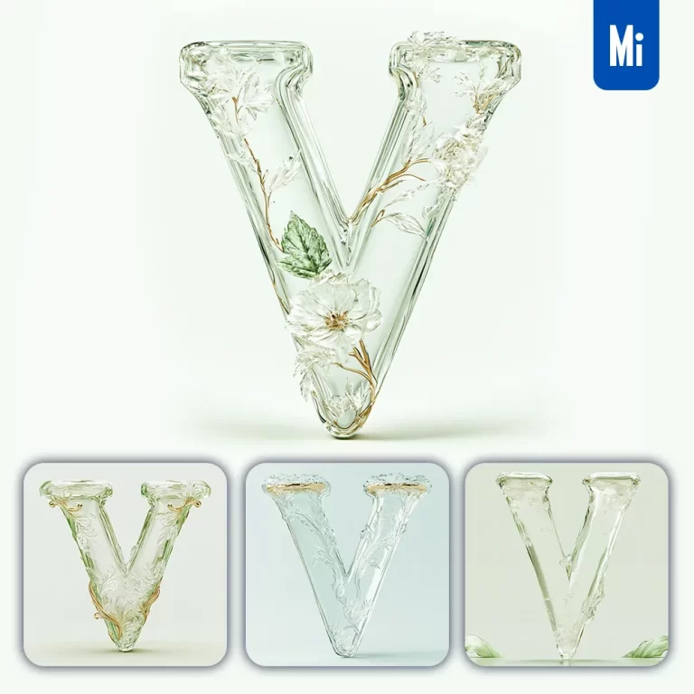 midjourney prompt V letter ice glass transparent 3D