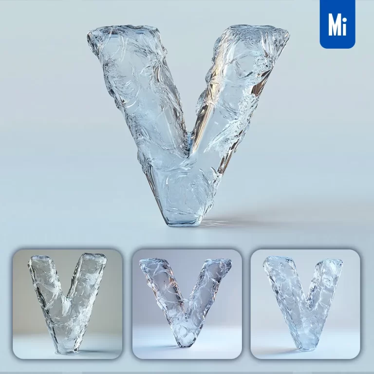 midjourney prompt V letter ice transparent 3D frozen