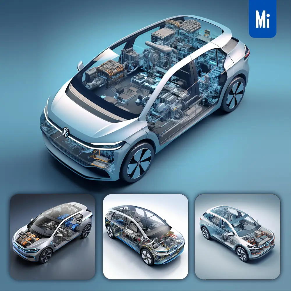 Midjourney Prompt Volkswagen Id 3 Car Edrive Mechanical Isometric 3d Illustration