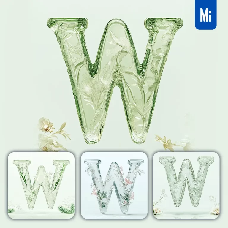 midjourney prompt W letter ice glass transparent 3D