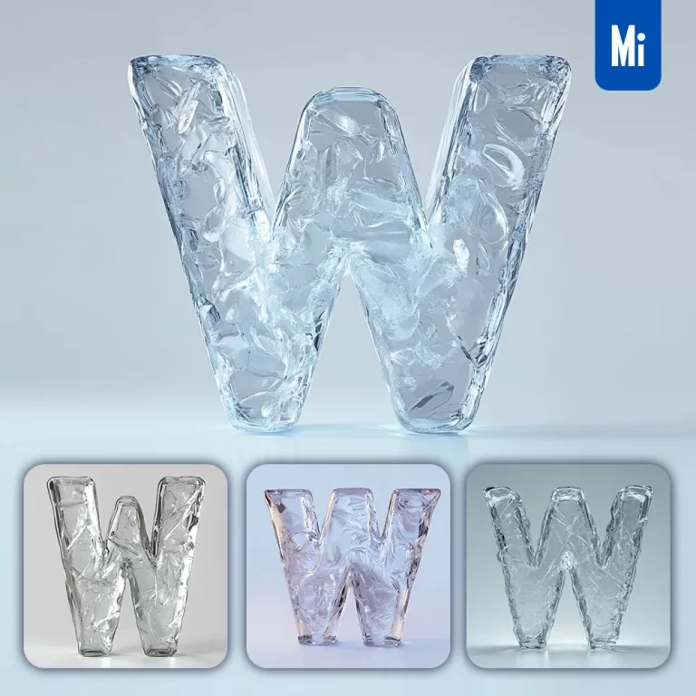 midjourney prompt W letter ice transparent 3D frozen