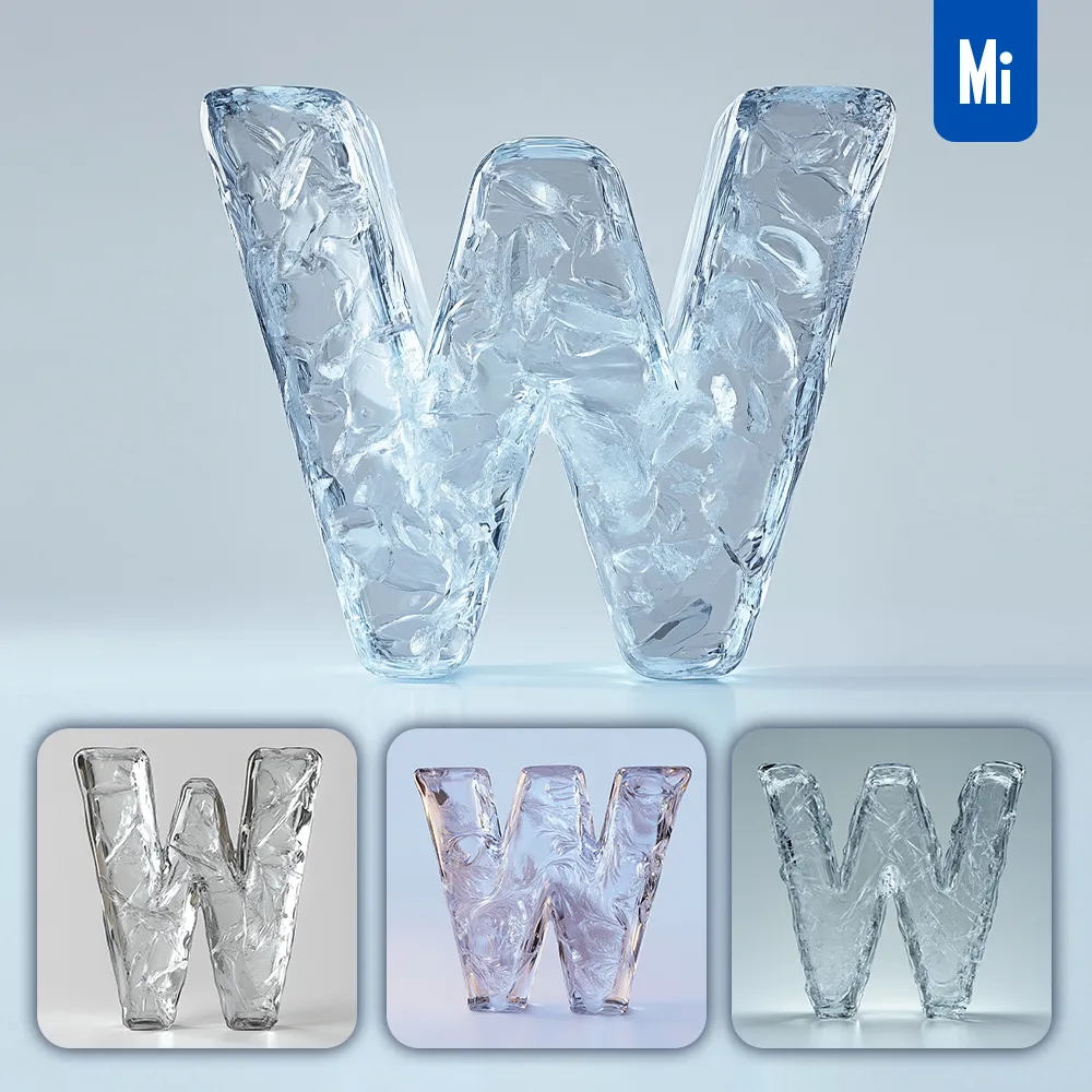 midjourney prompt W letter ice transparent 3D frozen