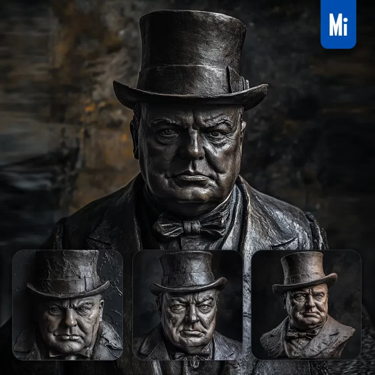 midjourney prompt Winston Churchill Prime Minister UK dark portrait 3D sculpture