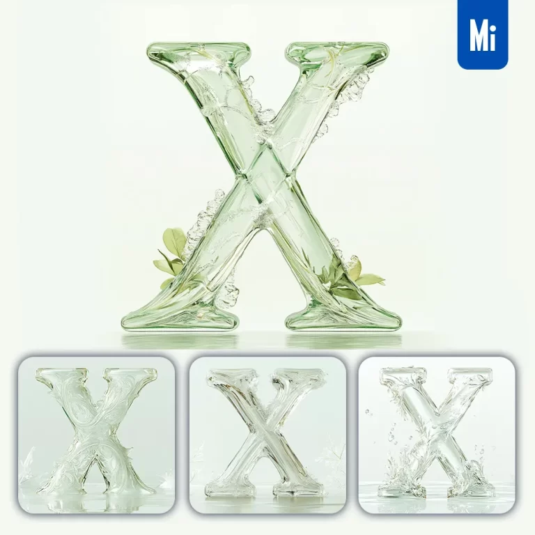 midjourney prompt X letter ice glass transparent 3D