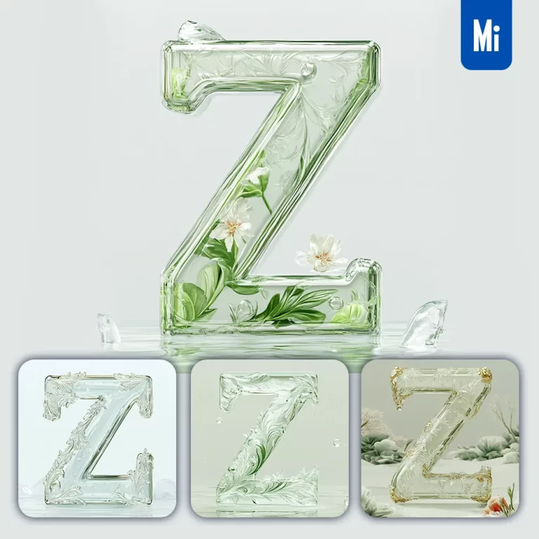 midjourney prompt Z letter ice glass transparent 3D