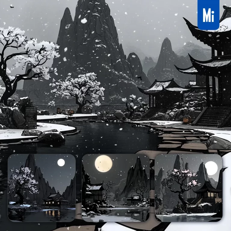 midjourney prompt ancient China mountain river landscape house tree illustration animation