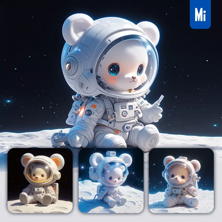 midjourney prompt bear cute sit white astronaut helmet spaceman 3D toy animation
