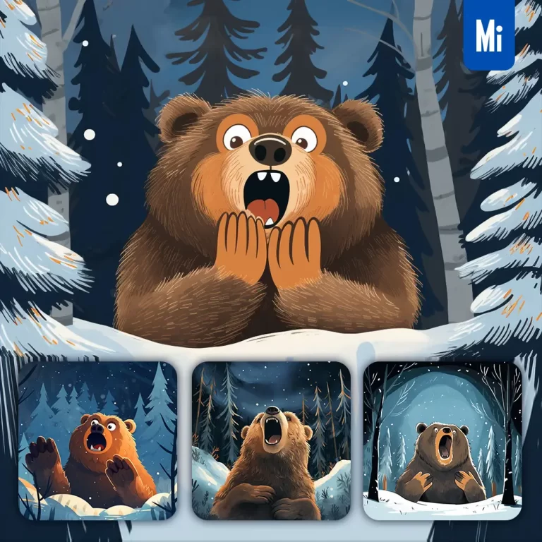 midjourney prompt bear grizzly snow cartoon forest animation illustration