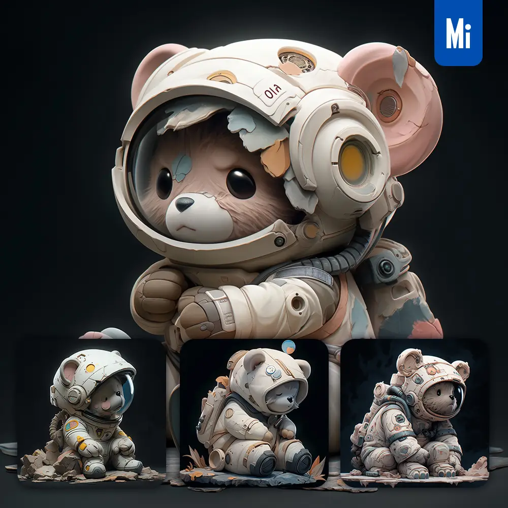 midjourney prompt bear sit white astronaut helmet spaceman 3D toy