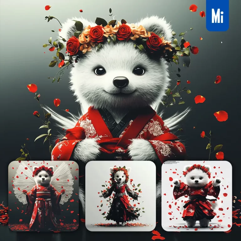 midjourney prompt bear white fairy Japanese dress dark illustration