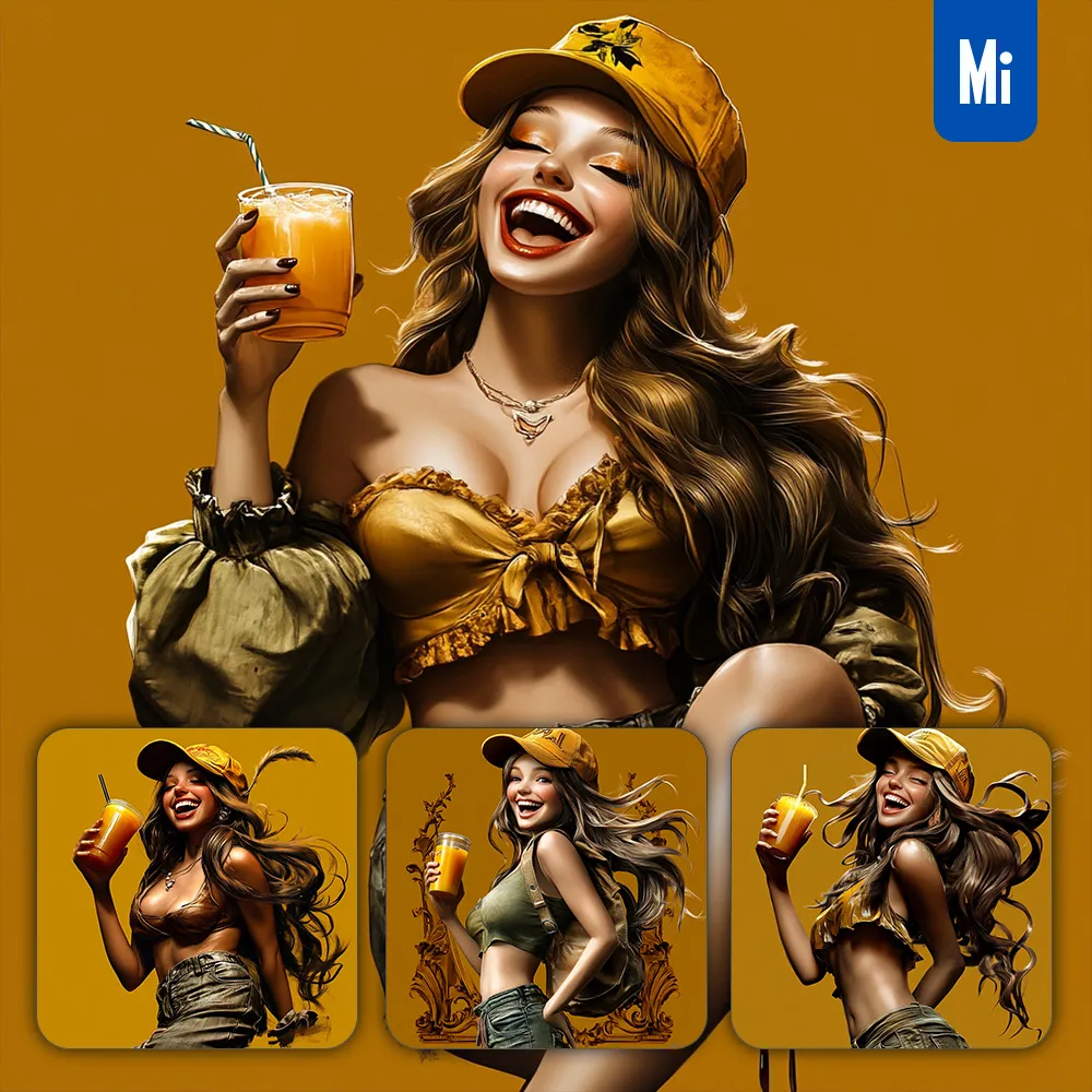 midjourney prompt beautiful girl portrait cap orange drink juice 3D illustration