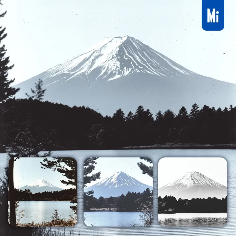 midjourney prompt black Mount Fuji peak snow lake forest Japanese mountain landscape illustration