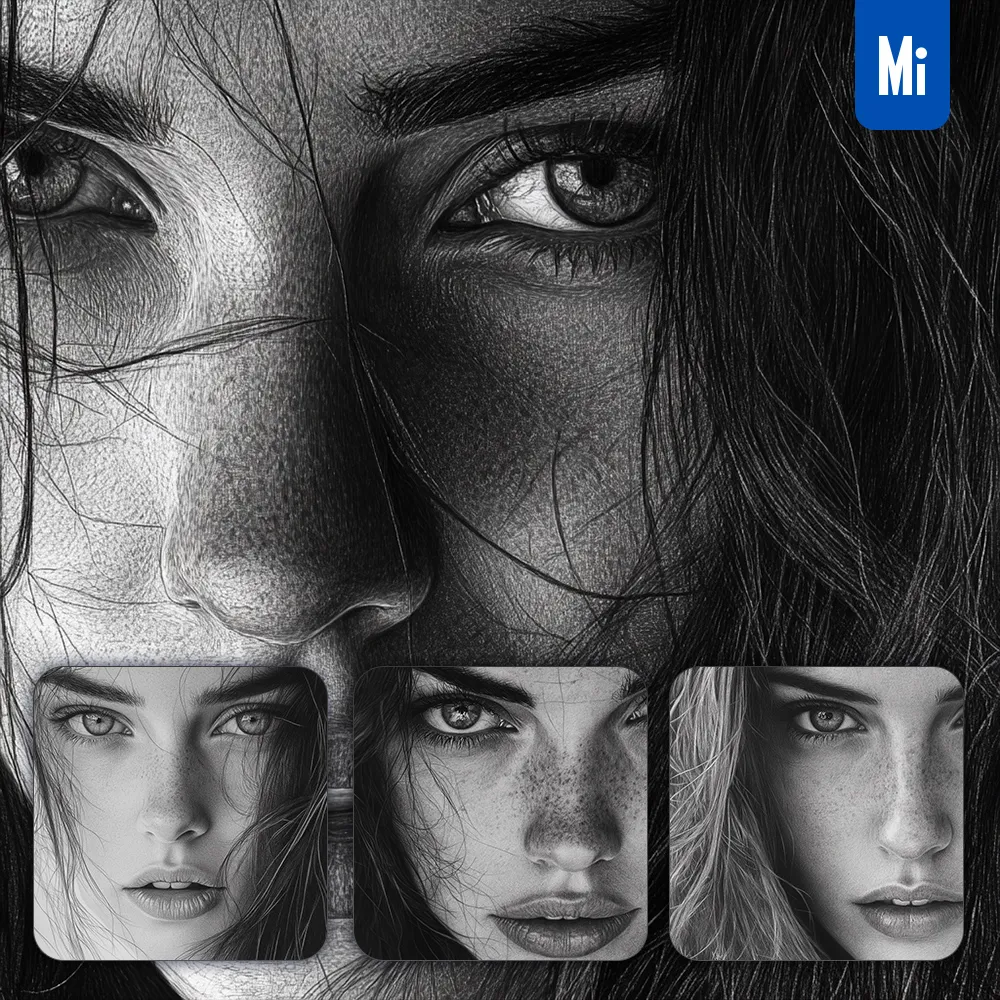 midjourney prompt black and white face girl woman drawing head