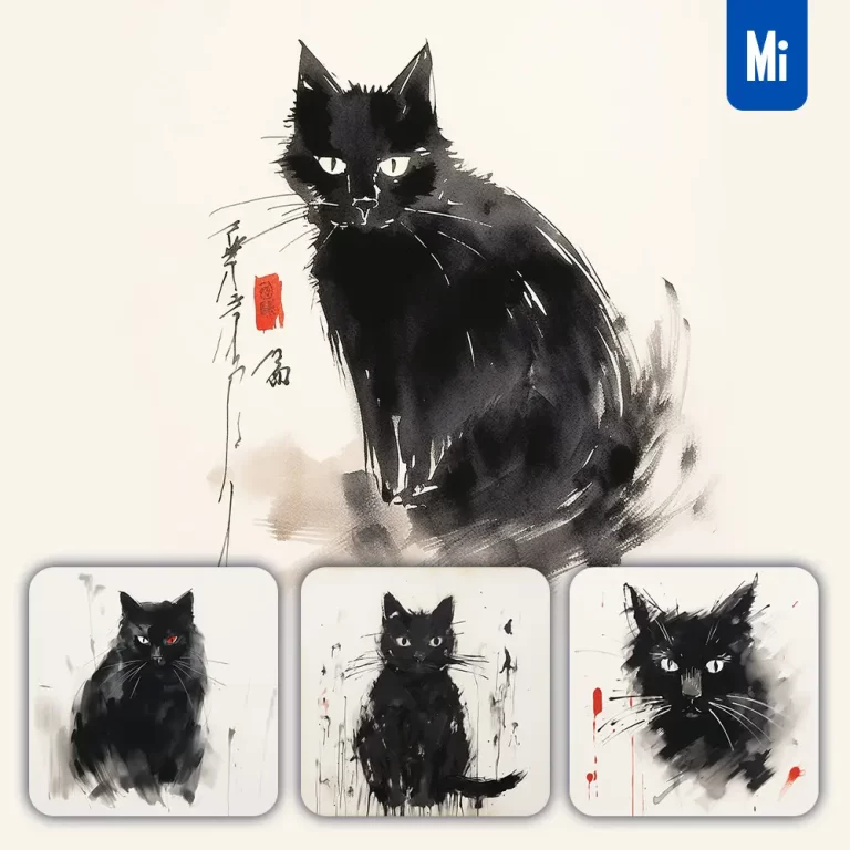 midjourney prompt black cat brushwork Chinese ink painting watercolor