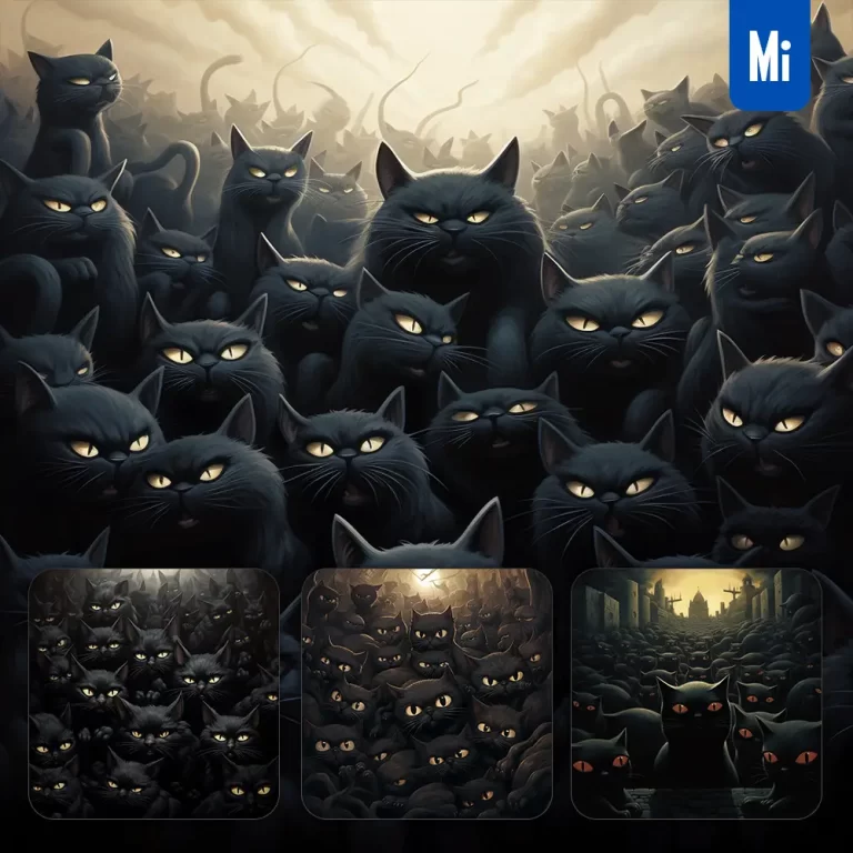 midjourney prompt black cat group realistic painting illustration