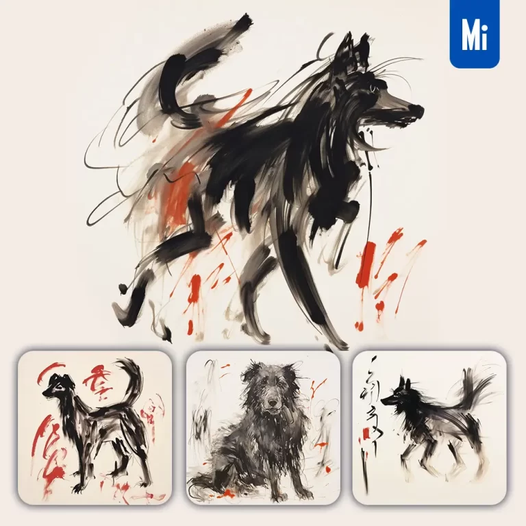 midjourney prompt black dog brushwork Chinese ink painting watercolor