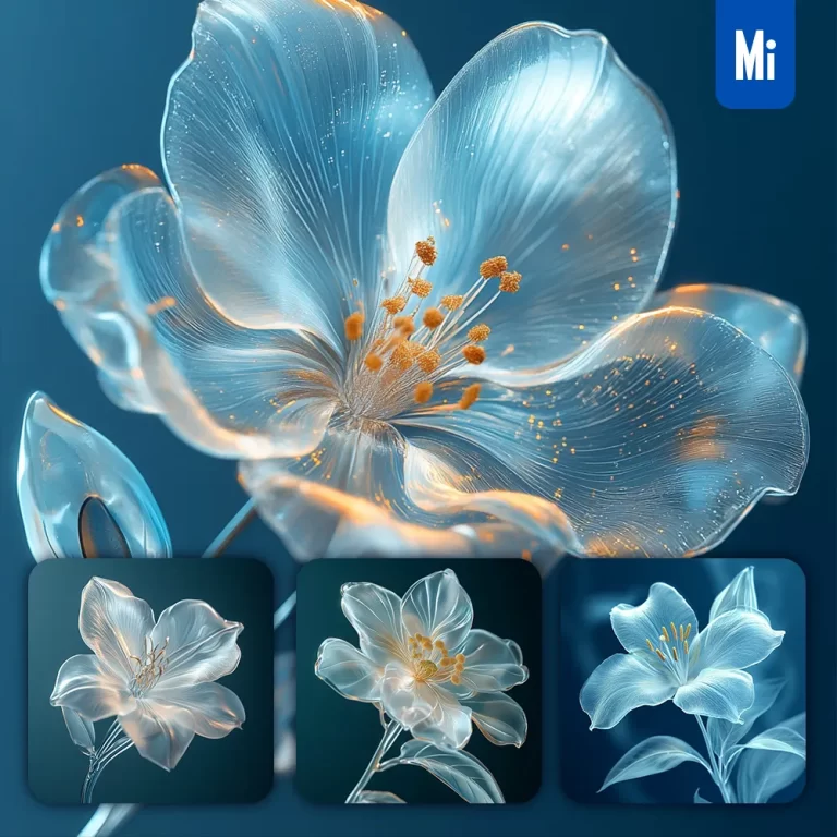 midjourney prompt blue jasmine flower plant glass 3D close up photography