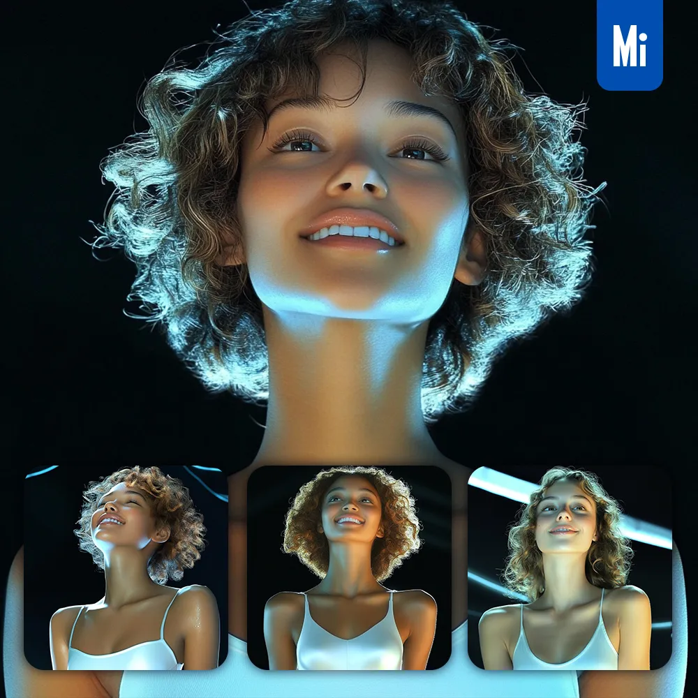 midjourney prompt blue light woman smile lady portrait photography