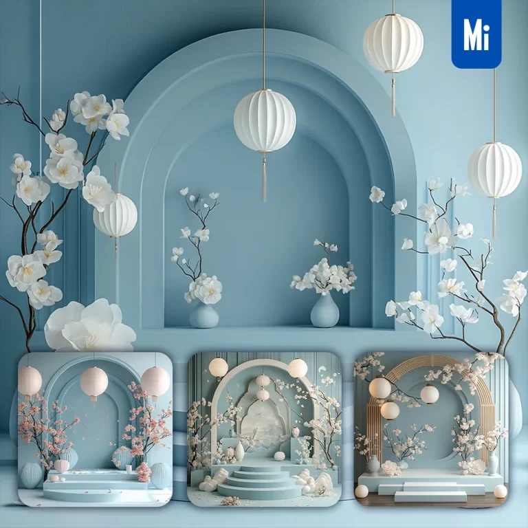 midjourney prompt blue stage Chinese New Year paper flower geometric 3D background