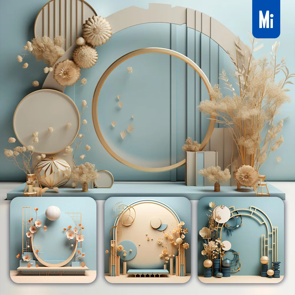 midjourney prompt blue stage Chinese New Year paper flower geometric 3D