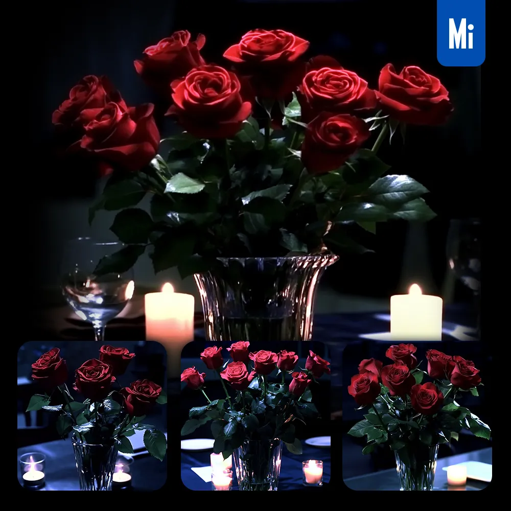 midjourney prompt bouquet rose flower dark crystal vase candle photography