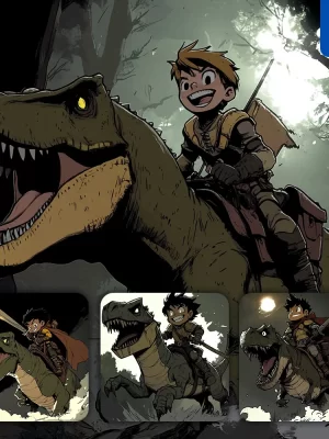 Midjourney Prompt Boy Child Kid Knight Tyrannosaurus Dinosaur Illustration Cartoon Comics