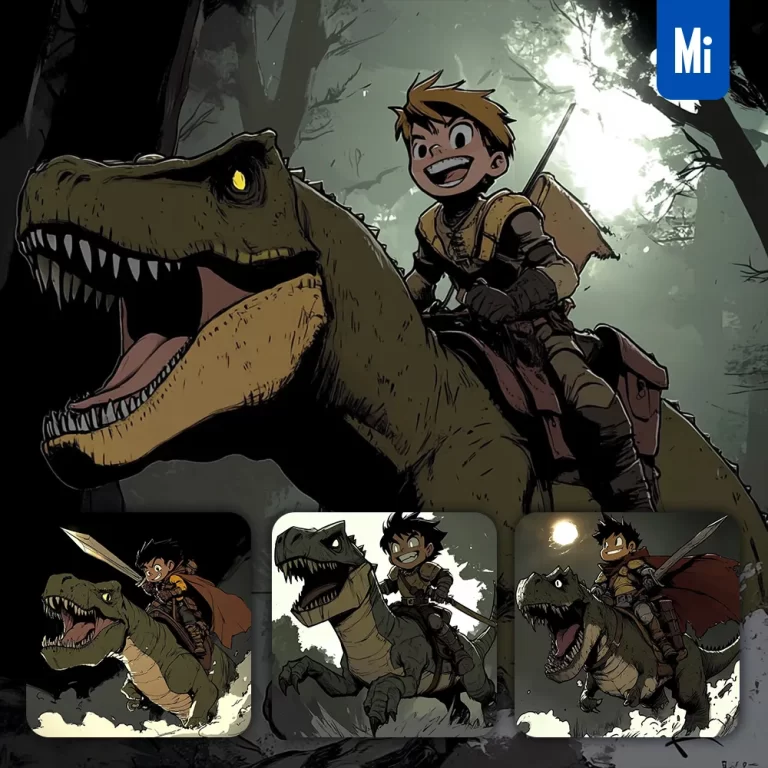 midjourney prompt boy child kid knight tyrannosaurus dinosaur illustration cartoon comics