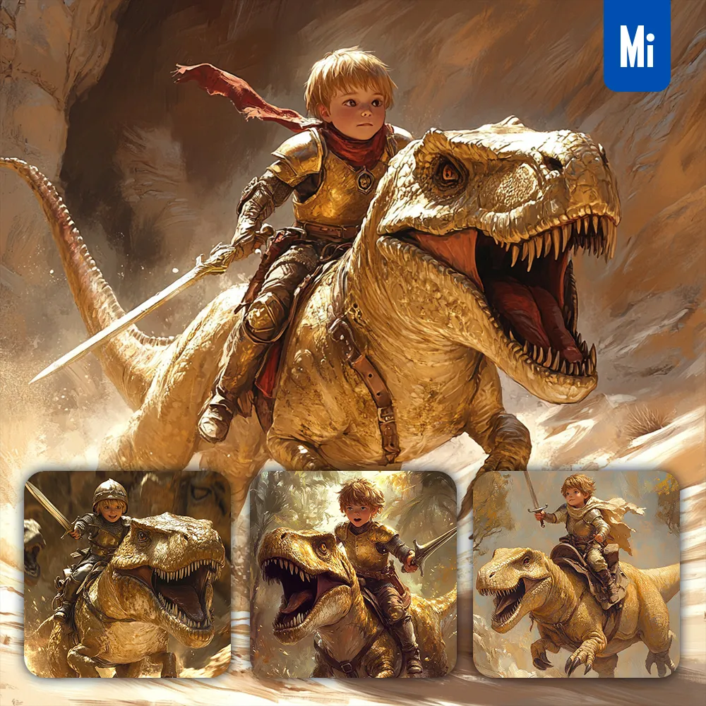 midjourney prompt boy child kid knight tyrannosaurus dinosaur painting illustration