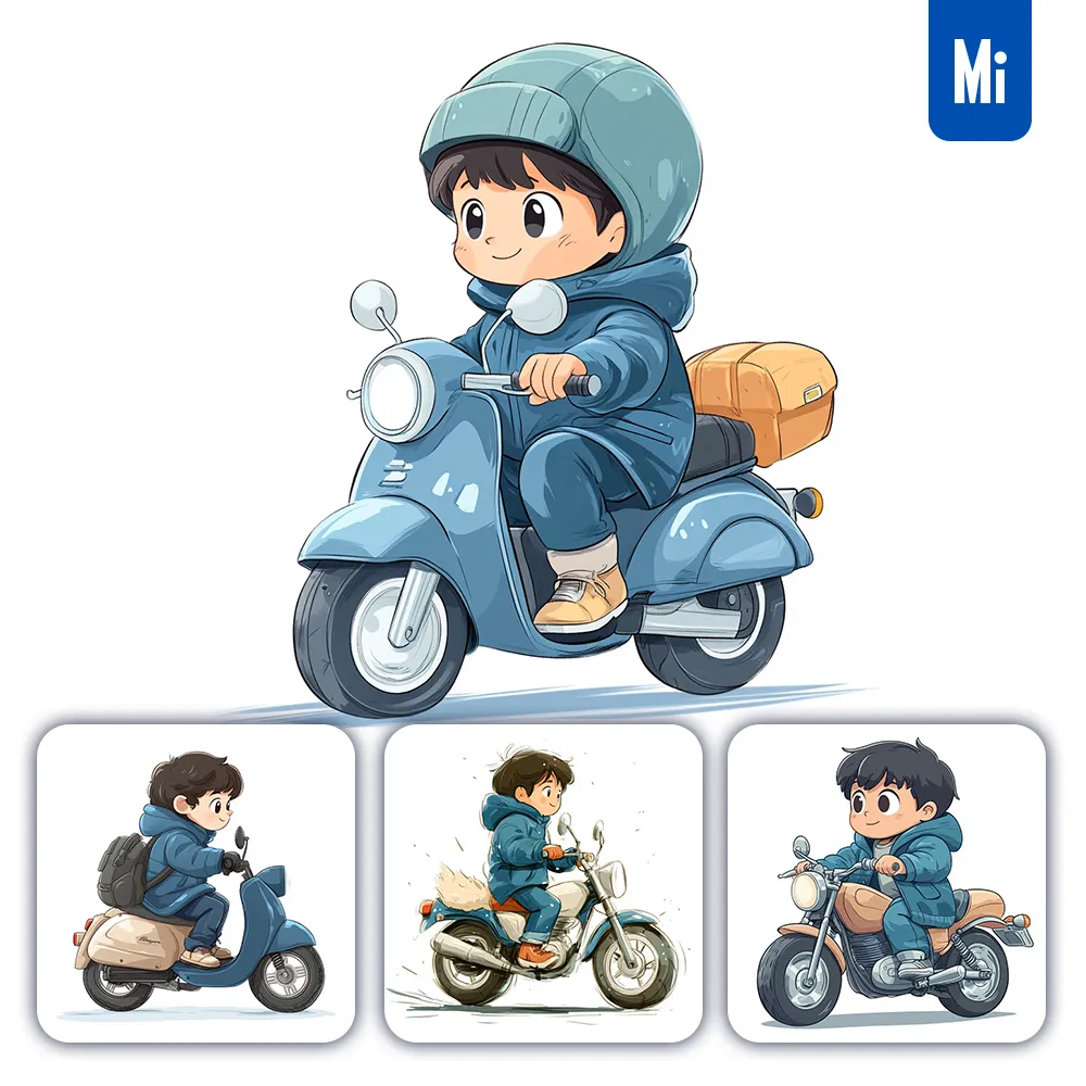 midjourney prompt boy ride motorcycle motor cartoon illustration drawing