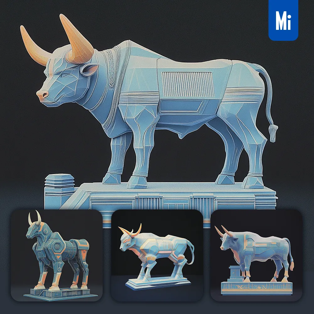midjourney prompt bull modular sci-fi statue illustration 3D