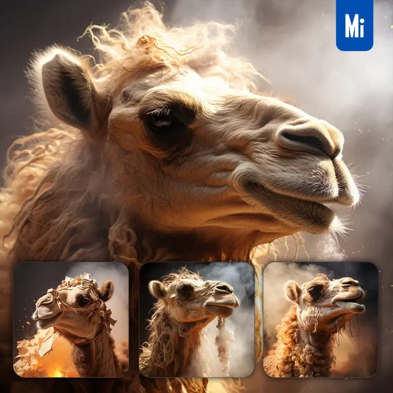midjourney prompt camel head face smoke dust photography
