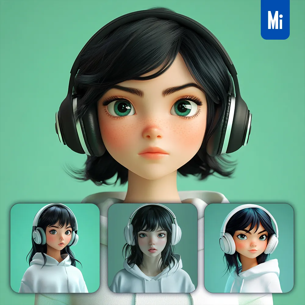 midjourney prompt cartoon girl headset character 3D hoodie