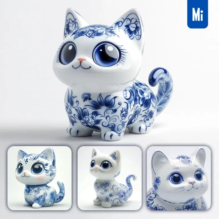midjourney prompt cat cute Chinese porcelain pattern art animal 3D artwork
