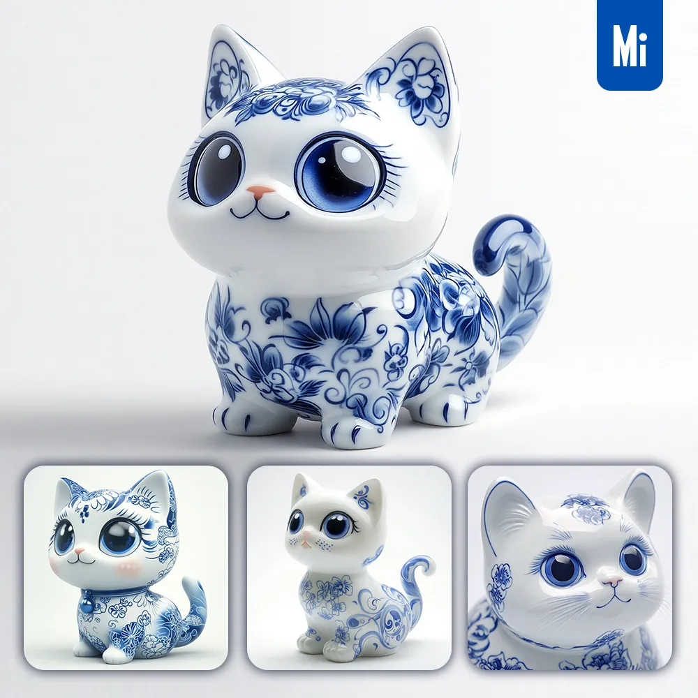 midjourney prompt cat cute Chinese porcelain pattern art animal 3D artwork