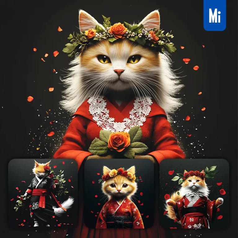 midjourney prompt cat fairy Japanese dress dark illustration