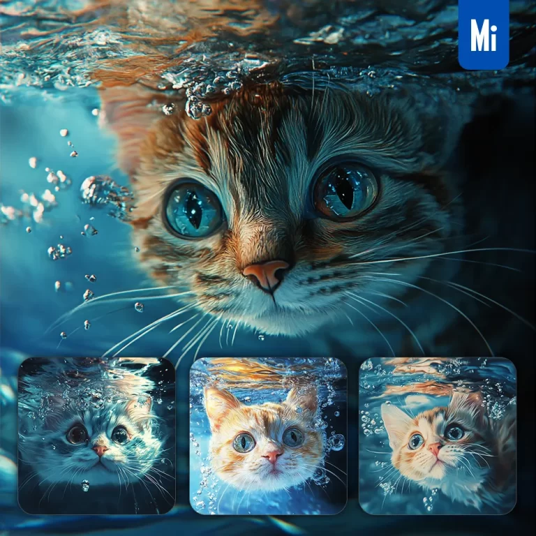 midjourney prompt cat head water swimming underwater oil painting photography