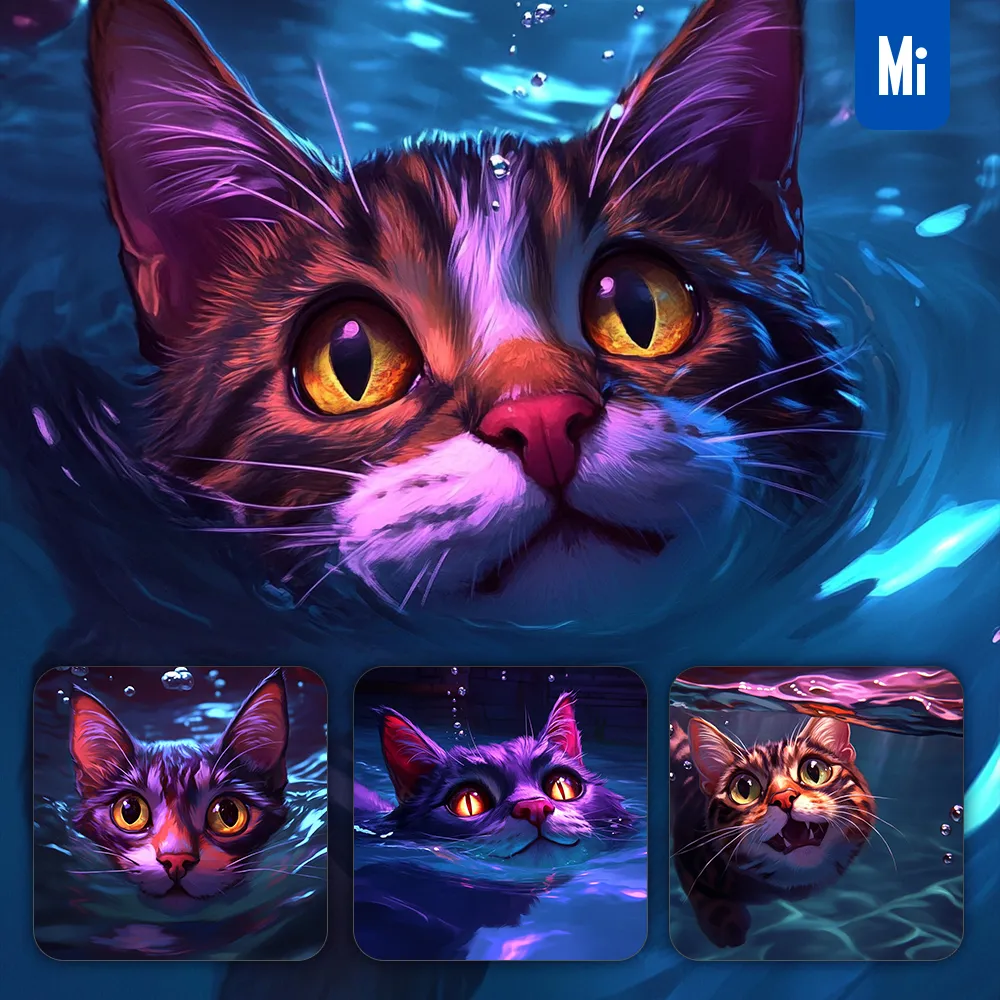 Midjourney Prompt Cat Head Water Swimming Underwater Oil Painting