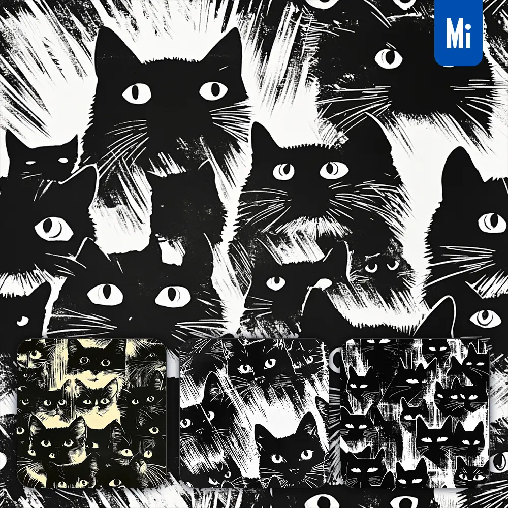 Midjourney Prompt Cats Cat Black Pattern Cartoon Woodcut Illustration