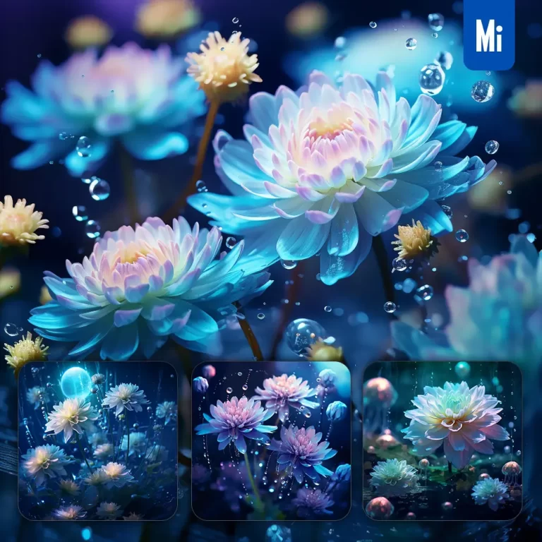 midjourney prompt chrysanthemum flower water bubble drop blue 3D photography