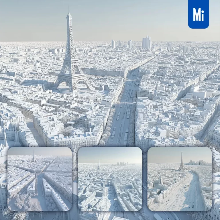 midjourney prompt city Paris white building street road Eiffel Tower model 3D