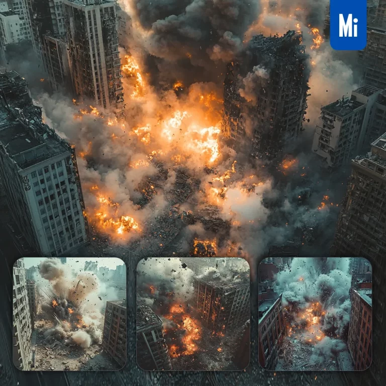 midjourney prompt city explosion bomb building destroy photography