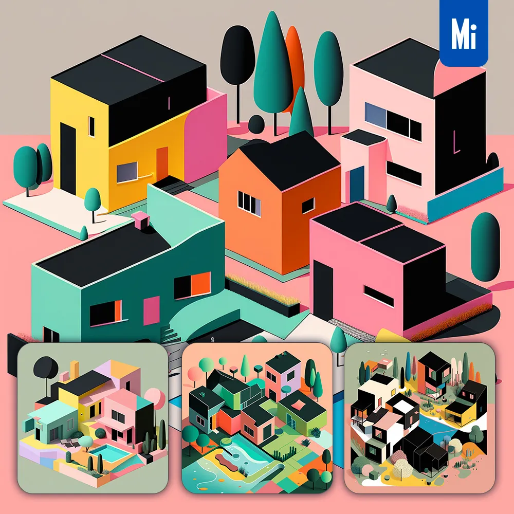 midjourney prompt city town building house flat isometric illustration graphic drawing landscape