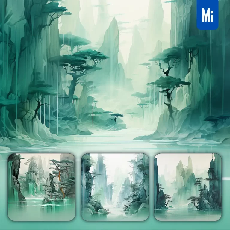 midjourney prompt cliff green mountain tree river lake Chinese painting illustration