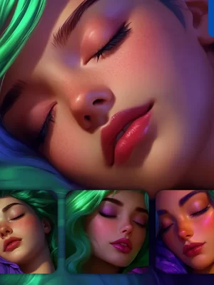 Midjourney Prompt Close Eyes Face Girl Woman Head Cyan Hair Sleep Illustration