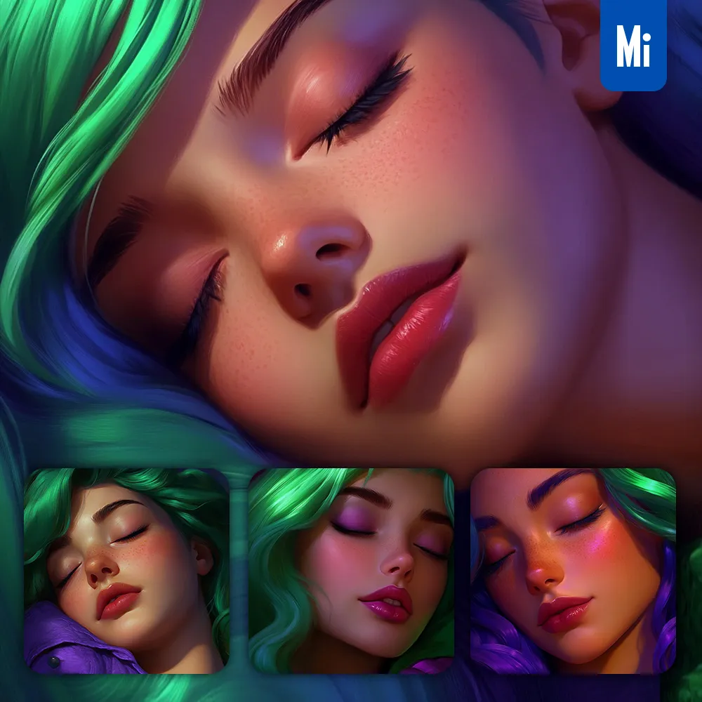 midjourney prompt close eyes face girl woman head cyan hair sleep illustration